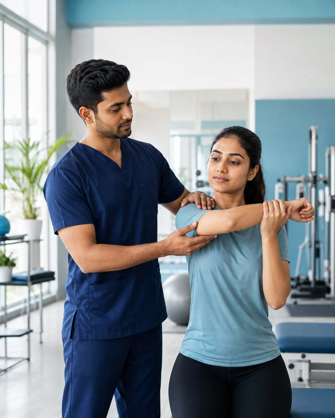 Physiotherapist assisting a patient with shoulder rehabilitation